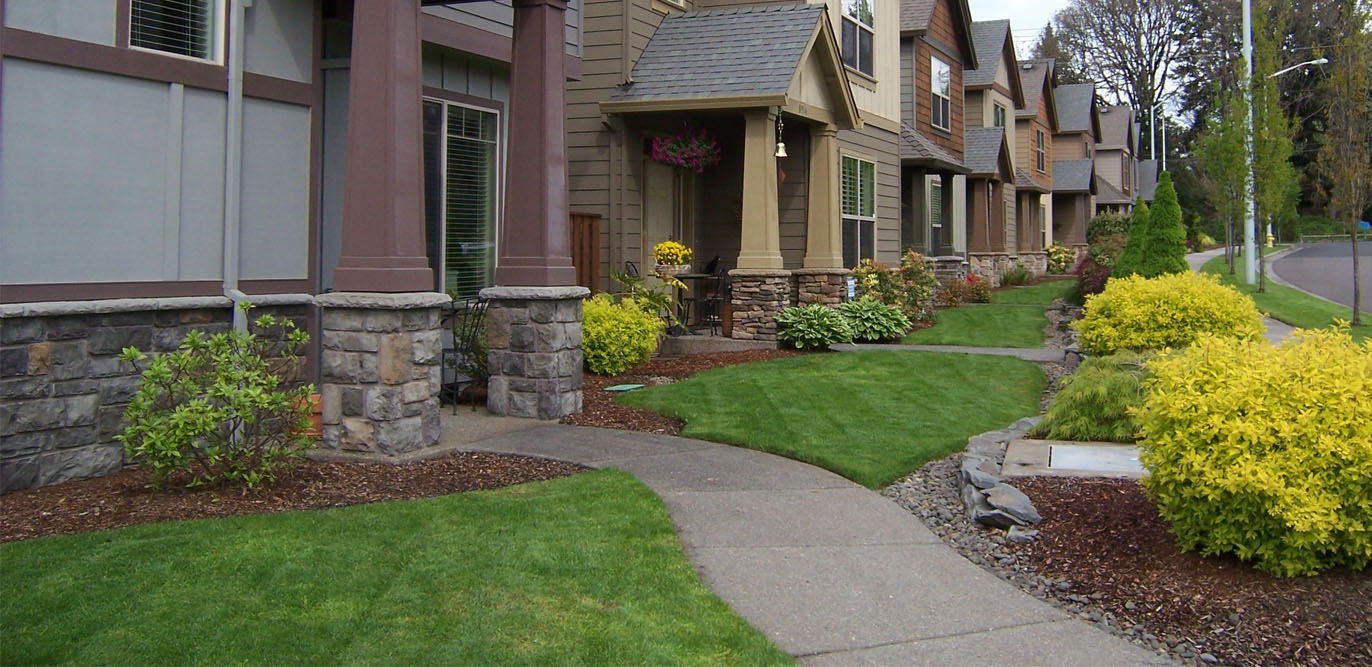 Groomed lawn, trimmed bushes, and rock